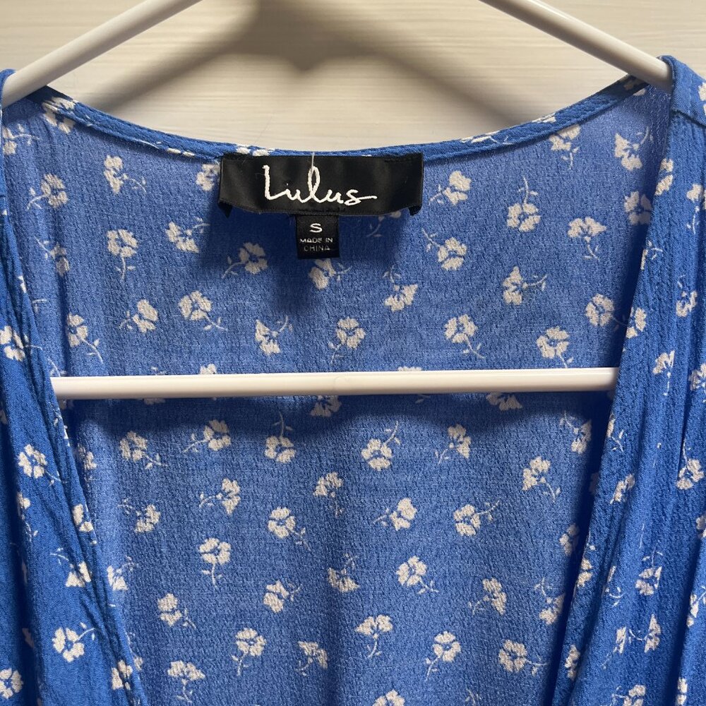 Lulu's Blue Floral Wrap Midi Dress - Picture 3 of 4